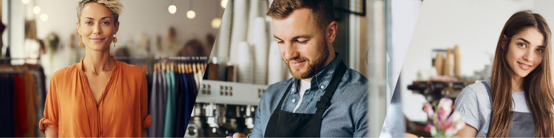 Photo de trois commerçants souriants dans leurs lieux de travail respectifs : une femme dans une boutique de vêtements, un homme servant du café, et une femme dans une boutique de fleurs.