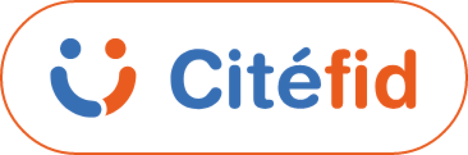 Logo de Citéfid avec une icône souriante en bleu et orange, suivi du nom 'Citéfid' en lettres bleues et orange.